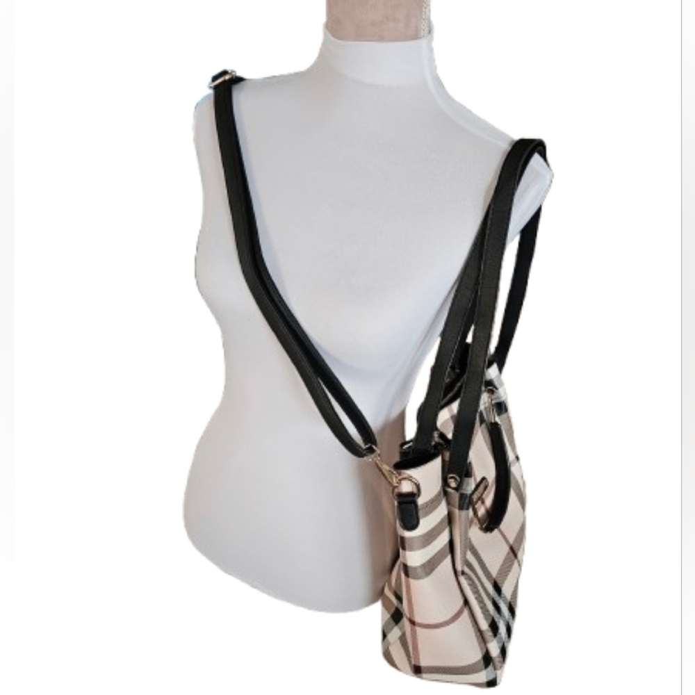 Plaid Shoulder Bag with Black Accents - Picture 3 of 12